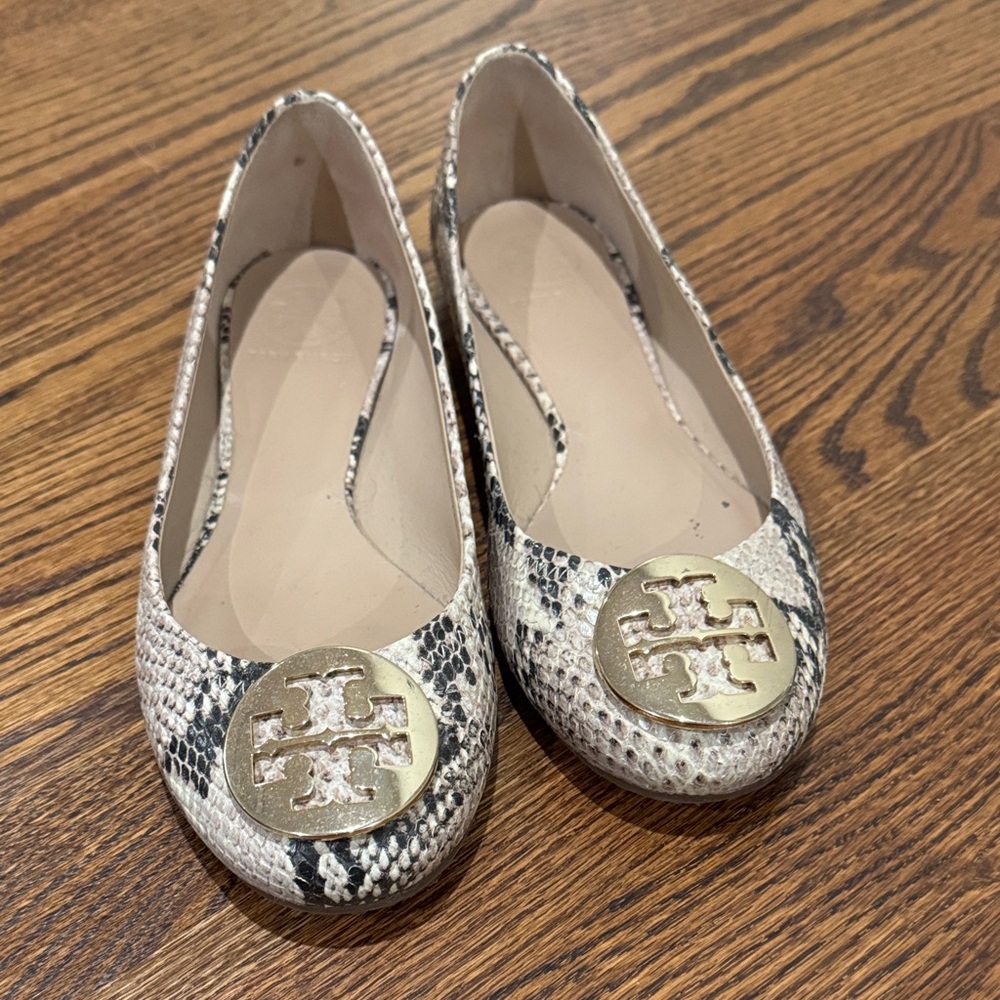Tory Burch Snakeskin Flats - Black, Gold, and Cream